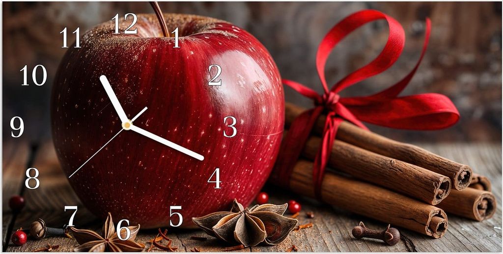 Wanduhr aus Glas mit Motiv Apfel mit Zimt- 60 x 30 cm - inkl. Aufhängesystem