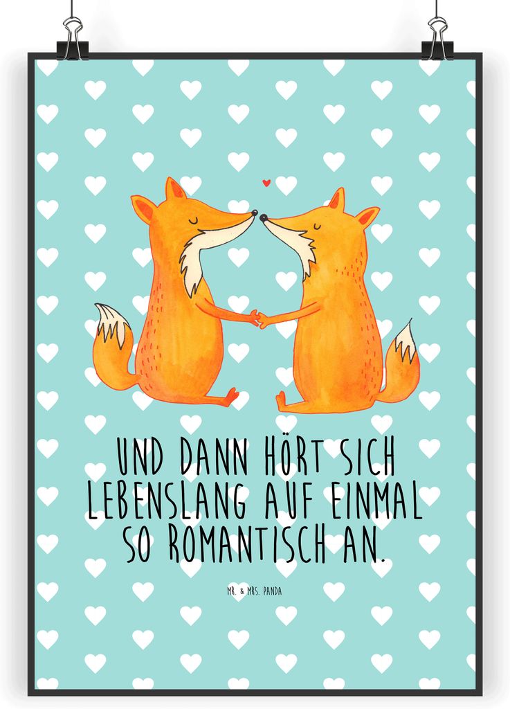 Mr. & Mrs. Panda Bild Füchse Liebe DIN A3 - Türkis Pastell - Geschenk, Plakat, Fuchs, wanddeko, Liebespaar, drucke, Ehe, Wandbild, wanddruck