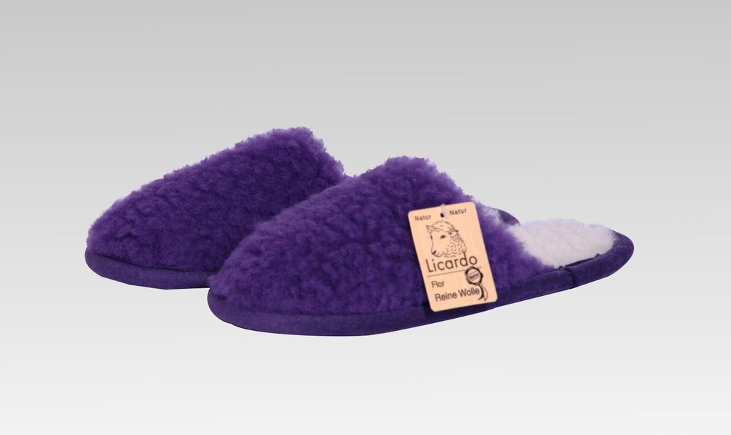Hausschuhe Pantoffel Wolle farbig lila Linke