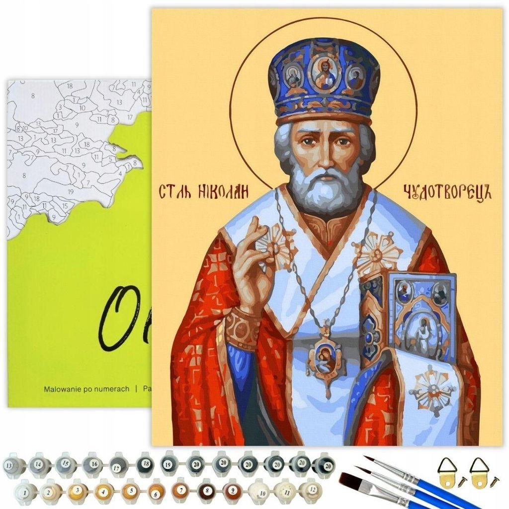 Oh Art! Malen nach Zahlen Religion – Heiliger Nikolaus Ikone 50x40 cm mit Rahmen, 28 Farben inkl. Pinsel & Acrylfarben, Komplettset für Erwachsene
