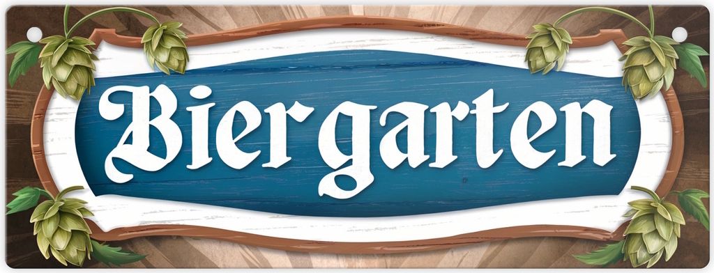 Biergarten Metallschild in blau-weiß