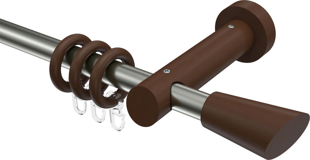 Interdeco Gardinenstange / Vorhangstange Edelstahl-Optik / Nussbaum lackiert, Typ Talena Bero (Konus Schräge), 20 mm Ø 1-läufig, 260 cm