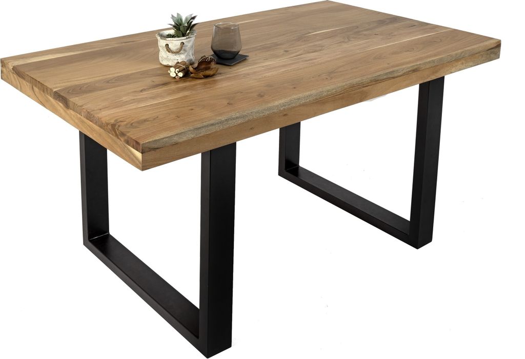 Esstisch Akazie Natur 140 x 80 cm massiv gerade Tischkanten U-Gestell schwarz RIO