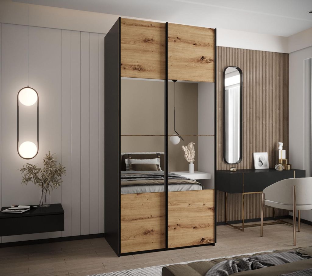 Zweitüriger Kleiderschrank SAMARA 4 - 100 cm, schwarz / Eiche handwerklich / schwarz