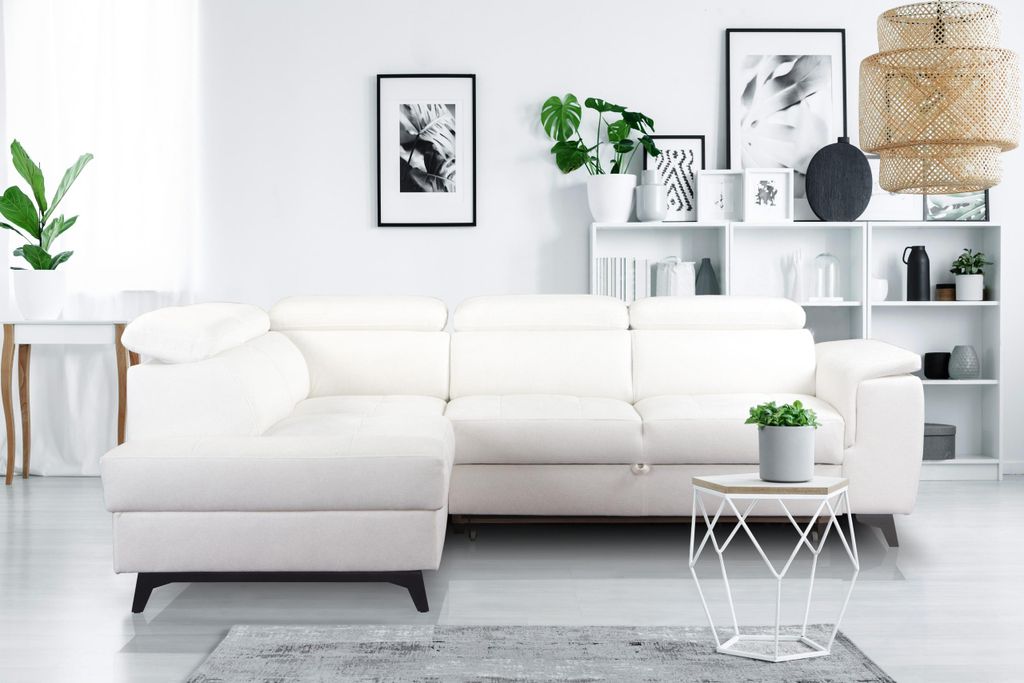 Masseno Ecksofa VOLA mit Schlaffunktion L-Form, Sofa mit Bettkasten, Wohnzimmersofa, Couch, Soffa, Bettsofa, Couchgarnitur- Weiß, BUBBLE 1