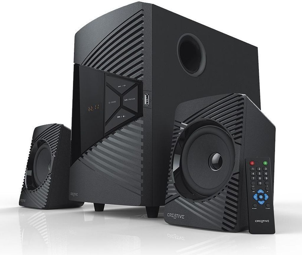 A black 2.1 speaker system with a subwoofer and two satellite speakers, displayed on a white background.