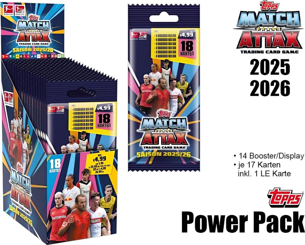 A display box of Topps Match Attax Bundesliga trading cards, with individual packs shown.