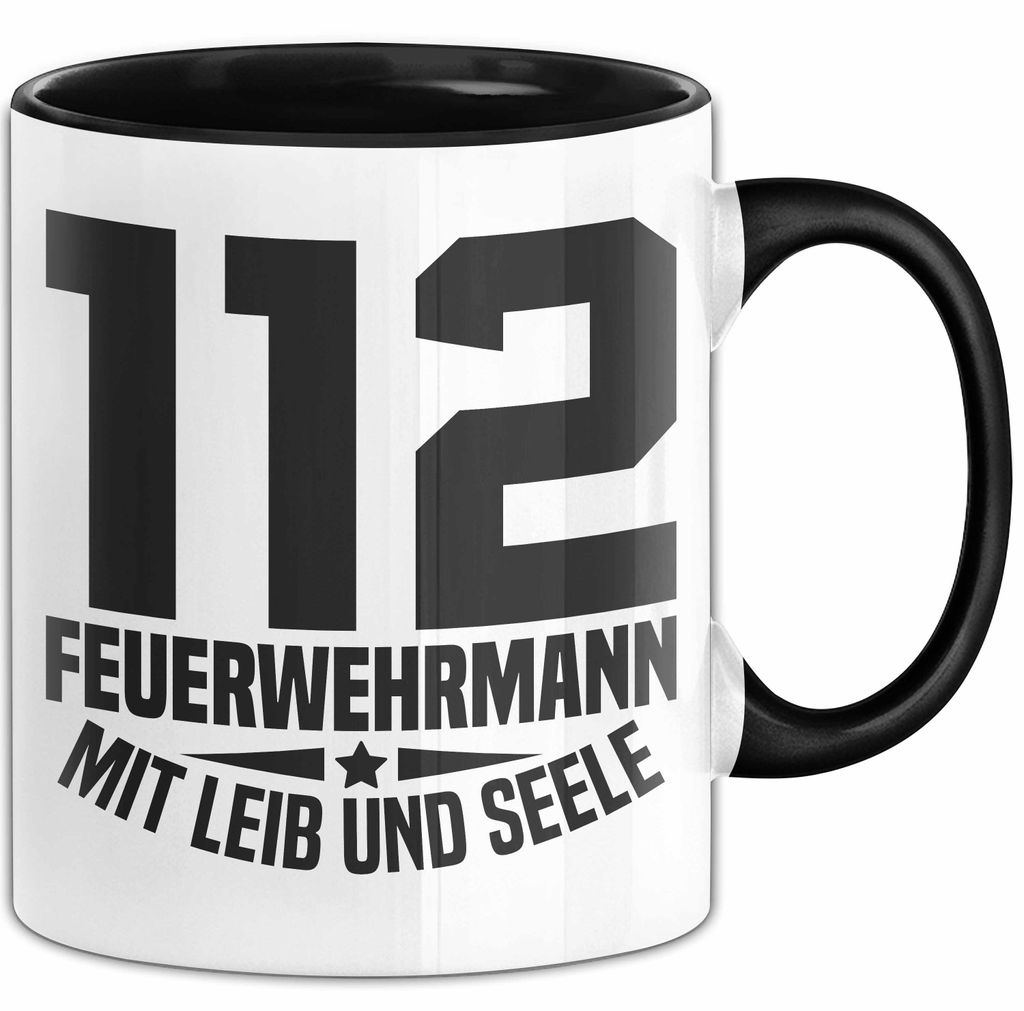 Feuerwehr Tasse Geschenk 112 Feuerwehrmann Mit Leib Und Seele Becher (Schwarz)