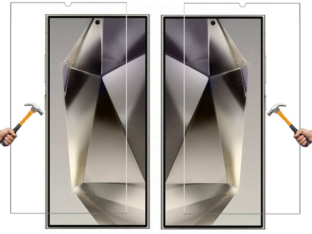 Two smartphone screen protectors are shown, with hammers striking them to demonstrate their durability.
