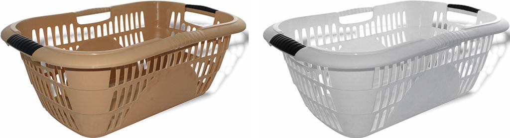 Two laundry baskets, one beige and one white, are shown side-by-side against a white background.