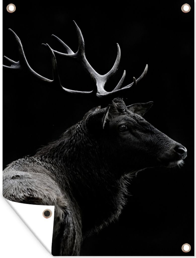 MuchoWow 30x40 cm Outdoor-Poster Gartendeko Sichtschutz Garten Poster für den Garten Hirsch - Schwarz - Porträt - Geweih - Tiere