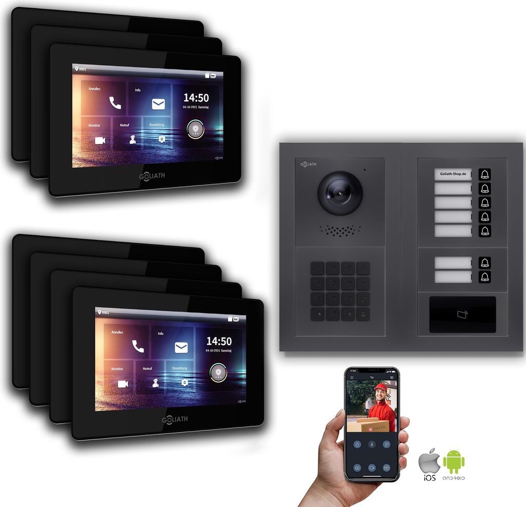 Goliath IP Video Türsprechanlage: 7-Zoll 7 Familienhaus, RFID, Zahlencode, Anthrazit : 7 Zoll Schwarz : Aufputz Dose Monitor Farbe: 7 Zoll Schwarz...