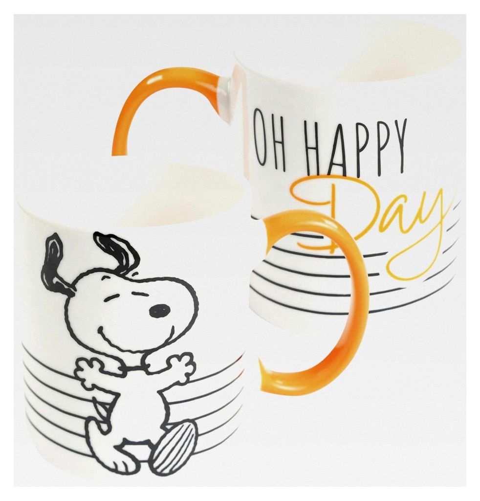 Peanuts Snoopy Tasse 320 ml, Weiß Orange, Oh Happy Day, Kaffeebecher aus Keramik