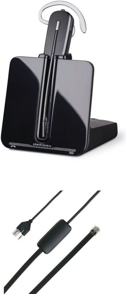A black headset and charging base with cables on a white background.