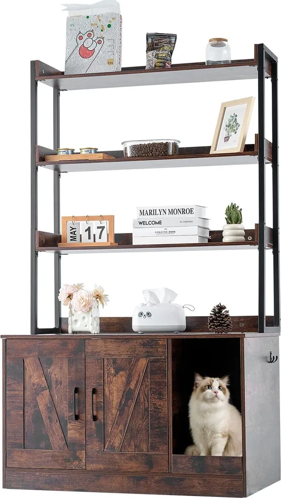 Armoire à chat avec bac à litière et étagère 3 niveaux 149cm Meuble