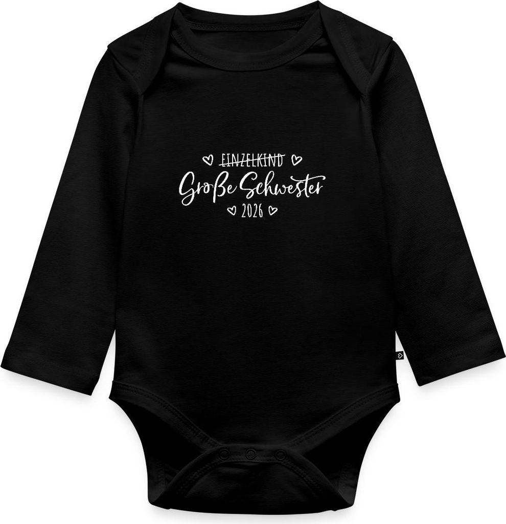 Spreadshirt Große Schwester 2026 Einzelkind Ende Herz Tages Baby Body Langarm, 92 (1,5 - 2 Jahre), Schwarz