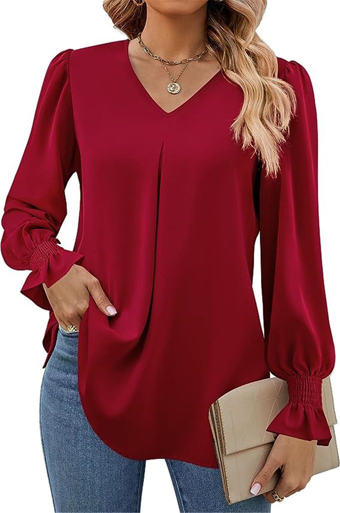 ASKSA Damen Bluse V-Ausschnitt Chiffon Plissee Laternenaermel Langarm Elegant Einfarbig Casual Locker Oberteile (Weinrot,S)