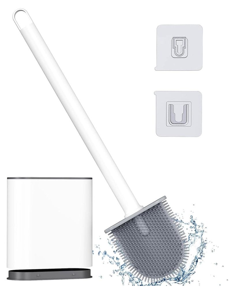 Toilettenbürste aus Silikon mit Halter, schnelltrocknend, zur Wandmontage, Toilettenbürstenhalter ohne Bohren, Set für das Badezimmer, Weiß