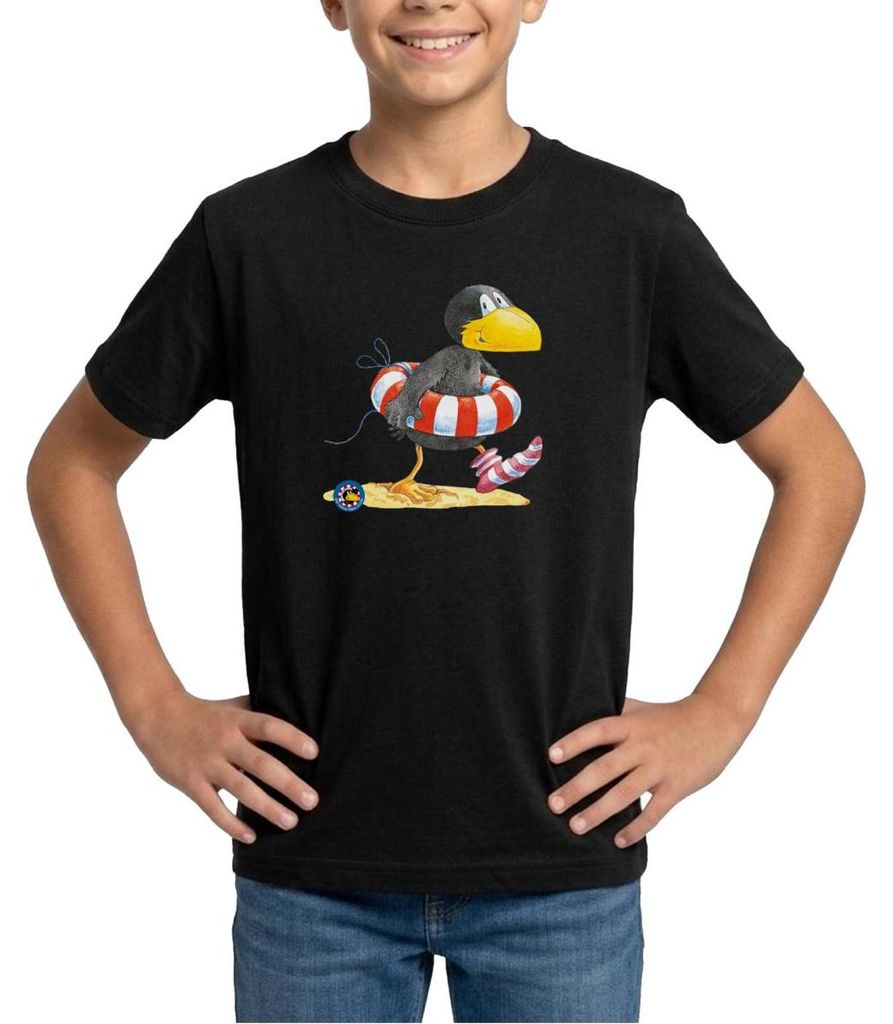 Spreadshirt Der kleine Rabe Socke mit Schwimmreifen Teenager T-Shirt, 134/146 (9-11 Jahre), Schwarz