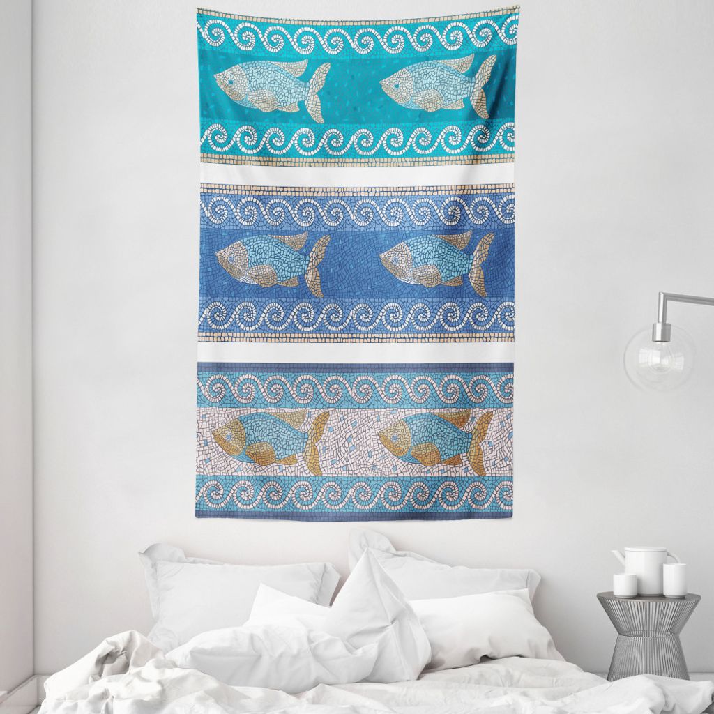 ABAKUHAUS Mosaik Wandteppich und Tagesdecke, Marine-Art-Muster aus Weiches Mikrofaser Stoff Waschbar ohne Verblassen Digitaldruck, 140 x 230 cm, Bl...