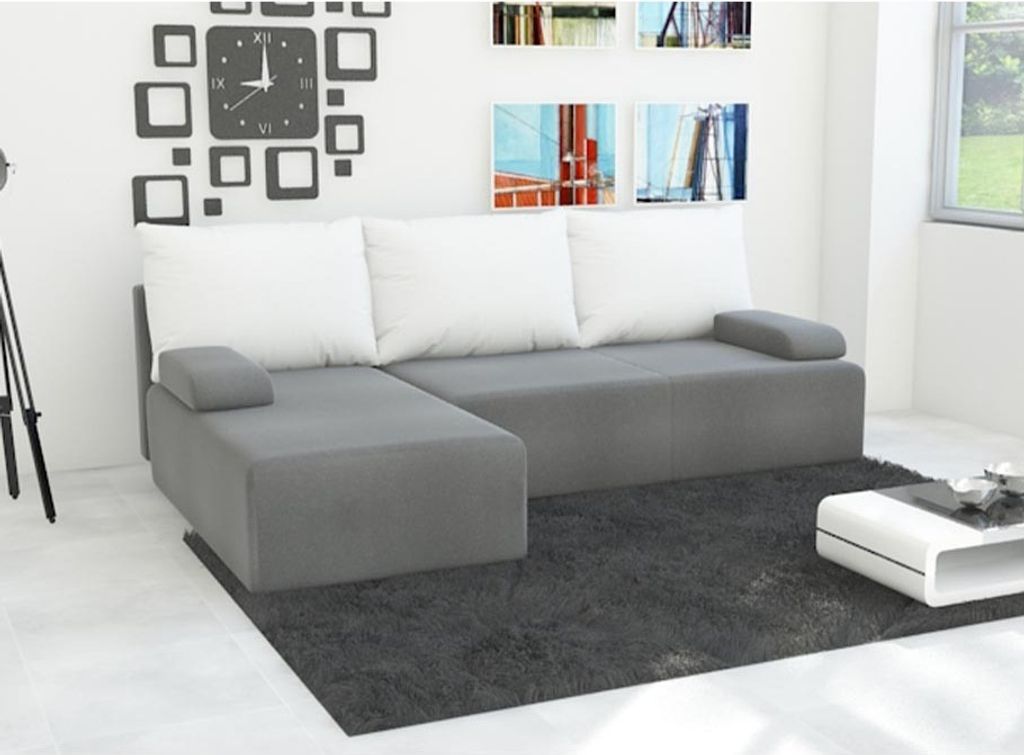 Easy4You Ecksofa Mini L-Form Grau/Weiss – 202x79x140 cm - Schlafsofa mit Bettkasten und Schlaffunktion - Eckcouch mit Stauraum – Links – Stof...