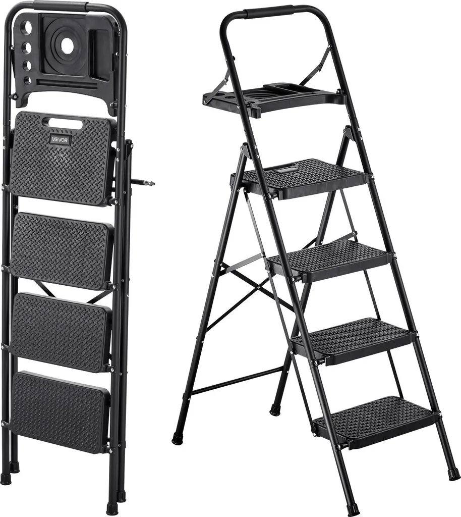 Escabeau 4 marches pliable noir avec poignée confort et porte-outils