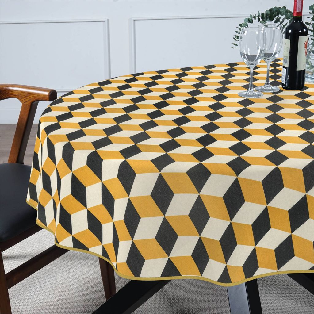 Tischdecke 3D Effekt aus Stoff mit Digitalprint Tischtuch EasyClean ACRYL Beschichtet Tischwäsche Digitaldruck Gelb Oval 140x180cm mit Paspelband