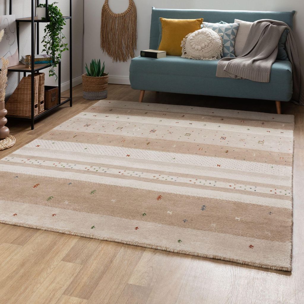 Steffensmeier Gabbeh Teppich Shiraz | Wolle, Beige, Größe: 90x160 cm Kurzflor Teppich für Wohnzimmer, Ethno Look