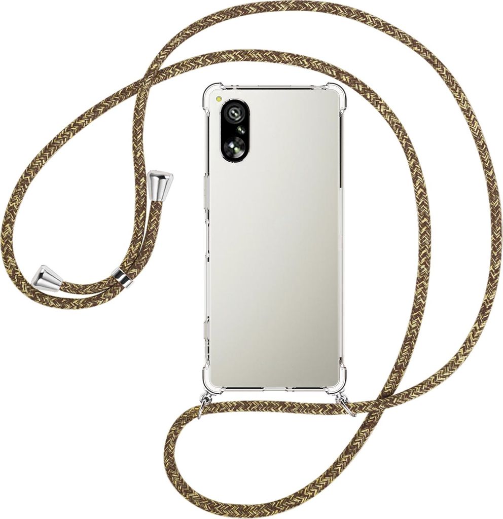 Handykette Backcover-Schutzhülle mit Band (Metall silberfarben) für Sony Xperia 5 V (6.1'') - braun+beige