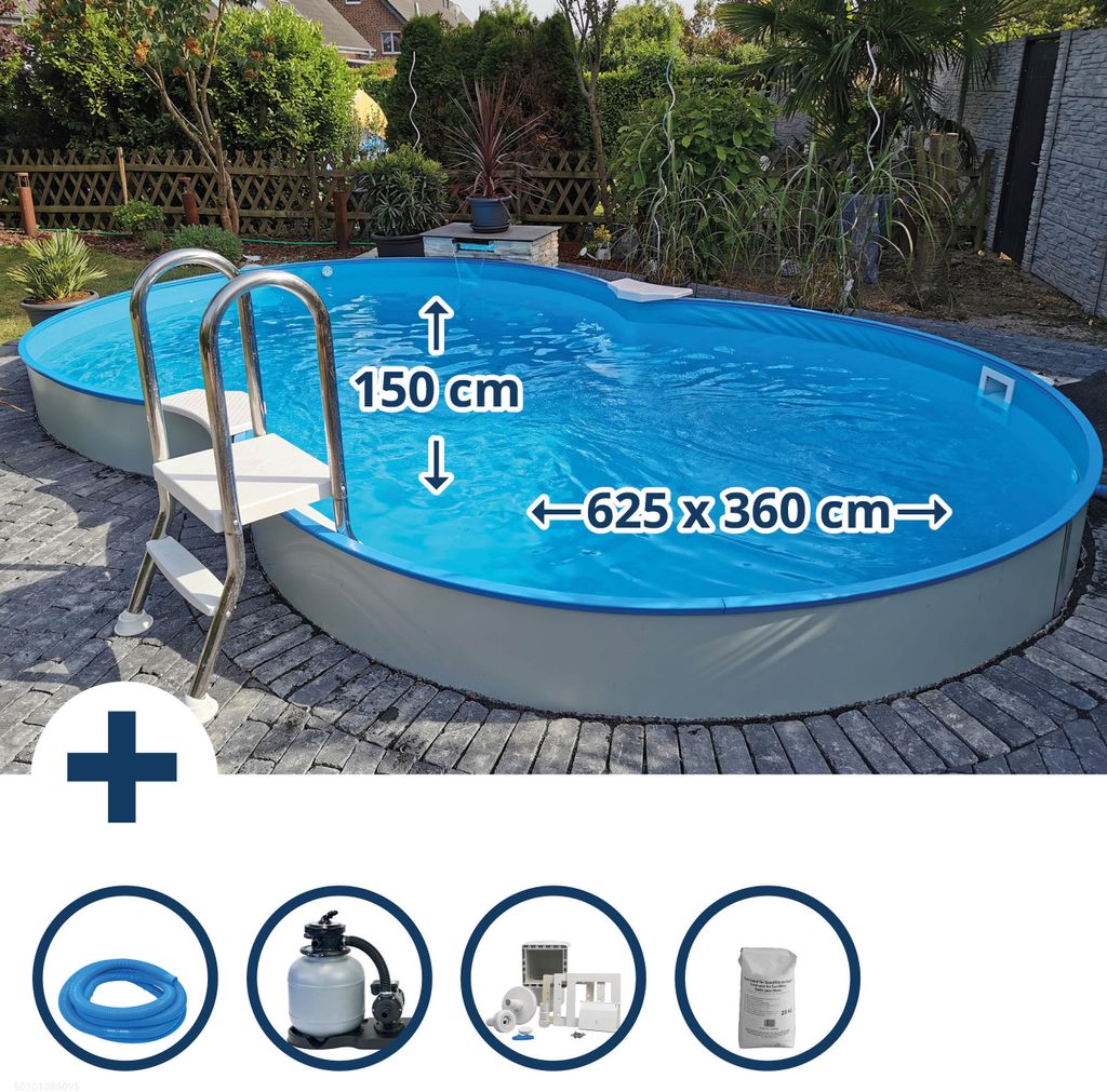 Stahlwandpool Set achtform Cannes 625x360x150cm, Stahl Produktbild 