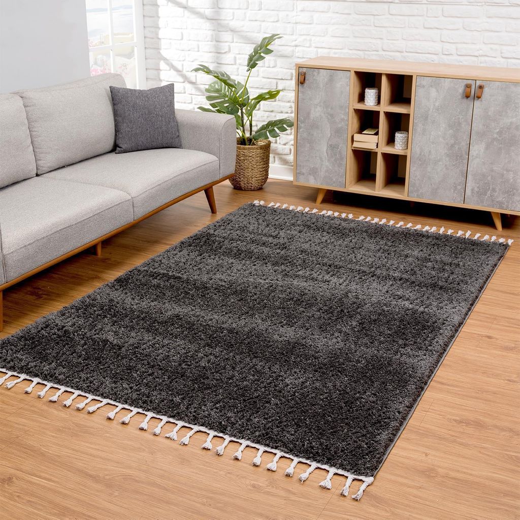 Hochflor Teppich Wohnzimmer - Einfarbig Schwarz - 300x400 cm - Shaggyteppich Langflor - Kettfäden