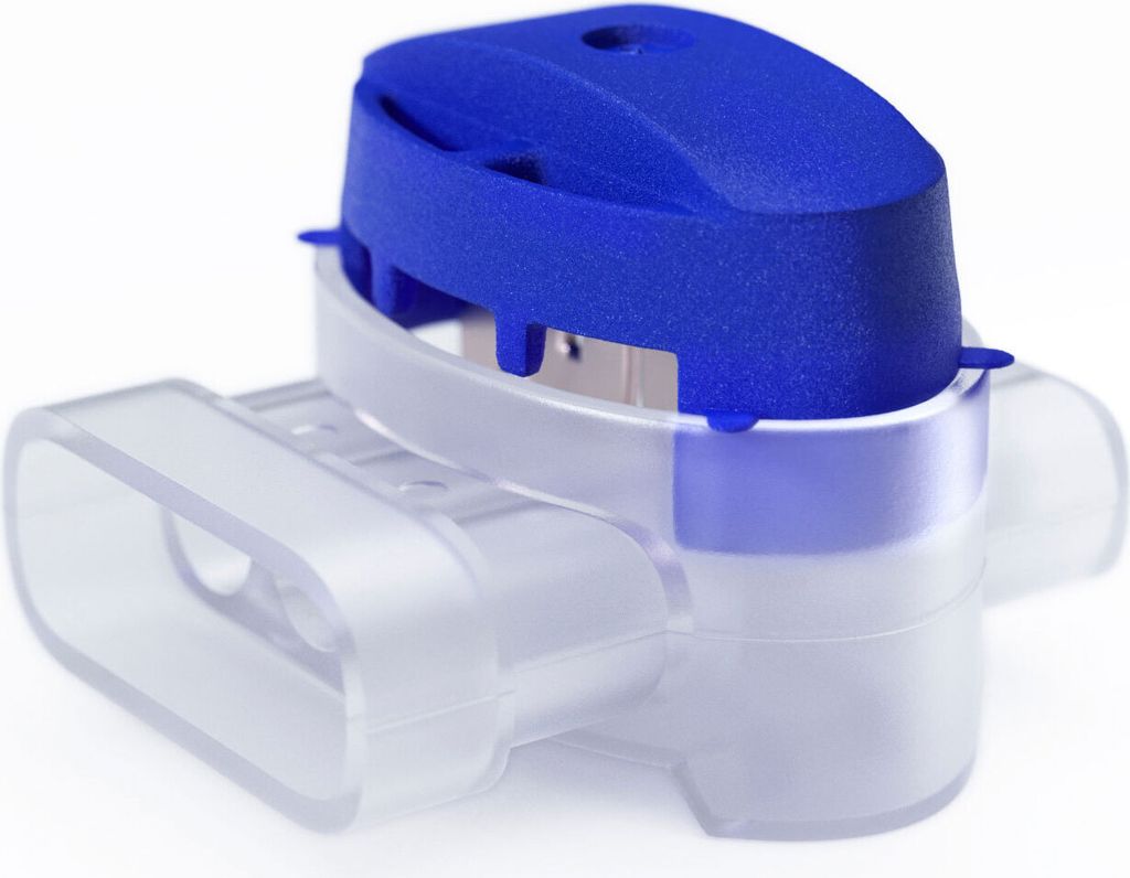 A close-up studio shot of a blue and clear wire connector for a robotic lawnmower.