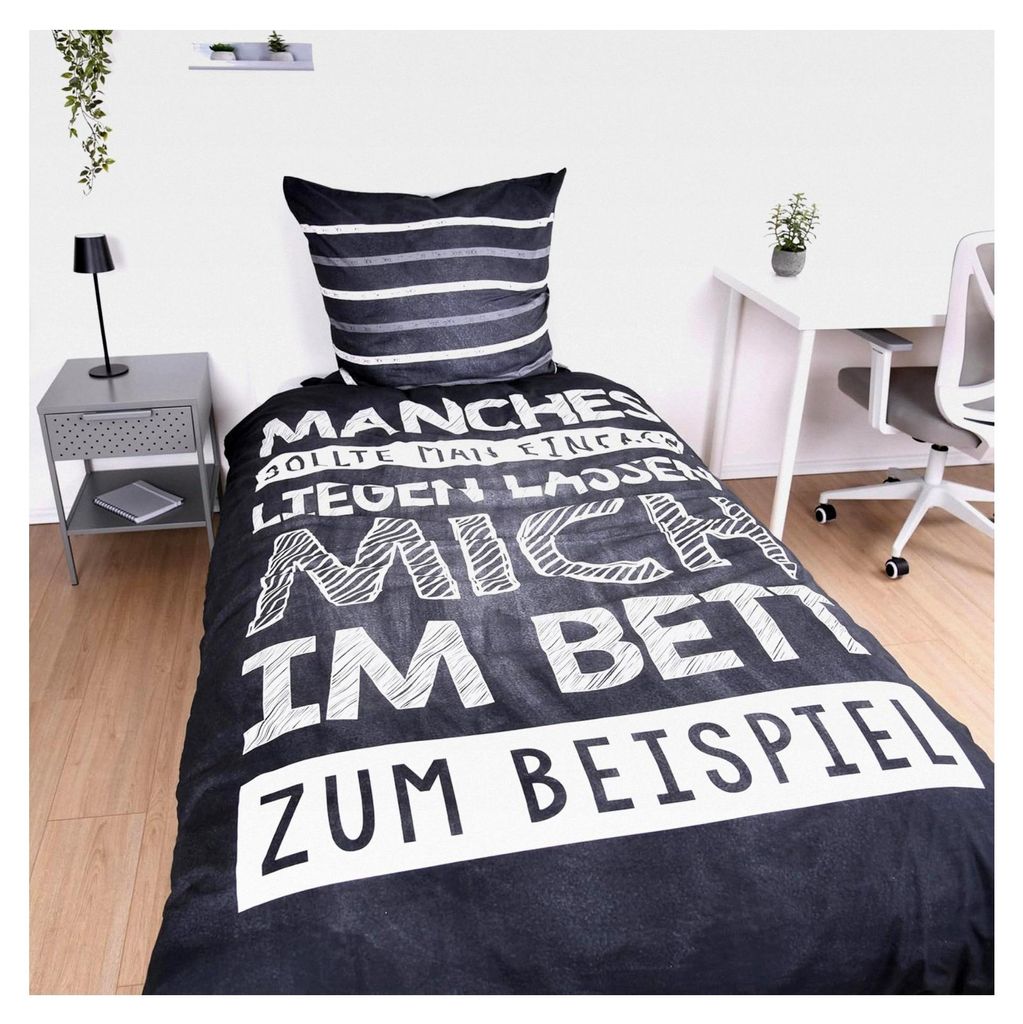 Bettwäsche-Set mit Sprüchen, Wendemotiv, Kopfkissenbezug 80 x 80 cm, Bettbezug 135 x 200 cm, Baumwolle/Renforcé, Grau/Weiß