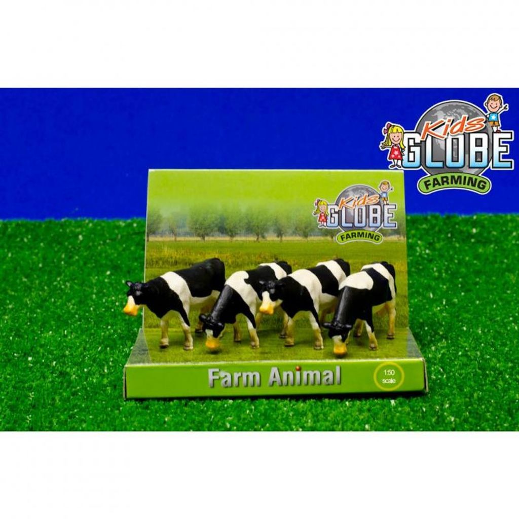 KidsGlobe Kühe schwarz/weiß 4 Stück, Maßstab 1:50, Bauernhof Spielzeug, Tiere