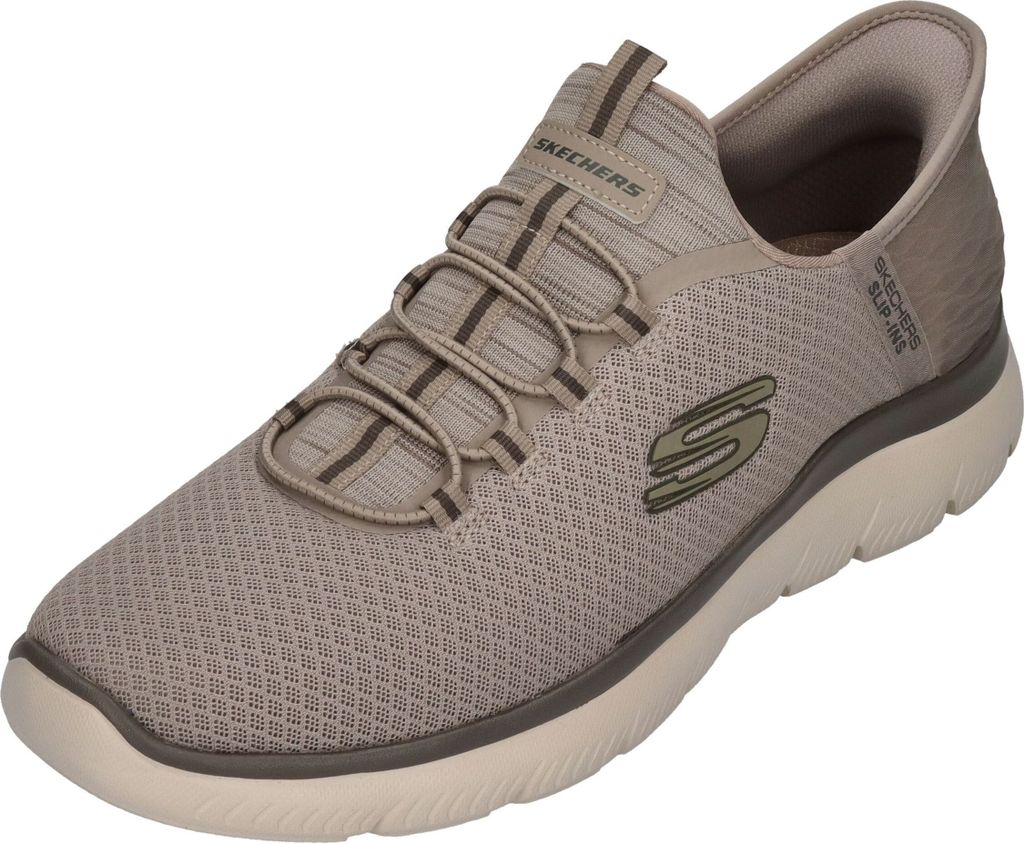 A single tan Skechers slip-on shoe is shown against a white background.