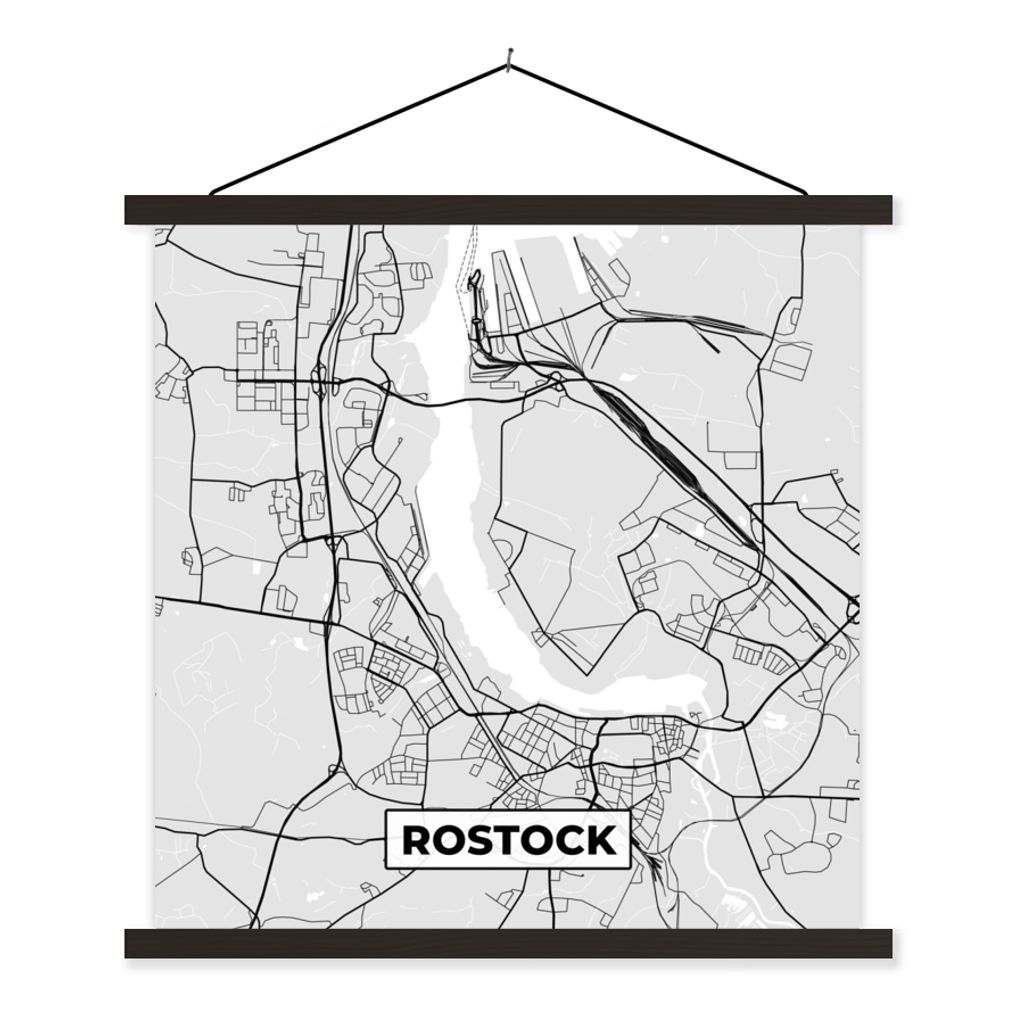 MuchoWow Textilposter Karte - Rostock - Karte - Deutschland 40x40 cm mit schwarzem Rahmen - Fotos