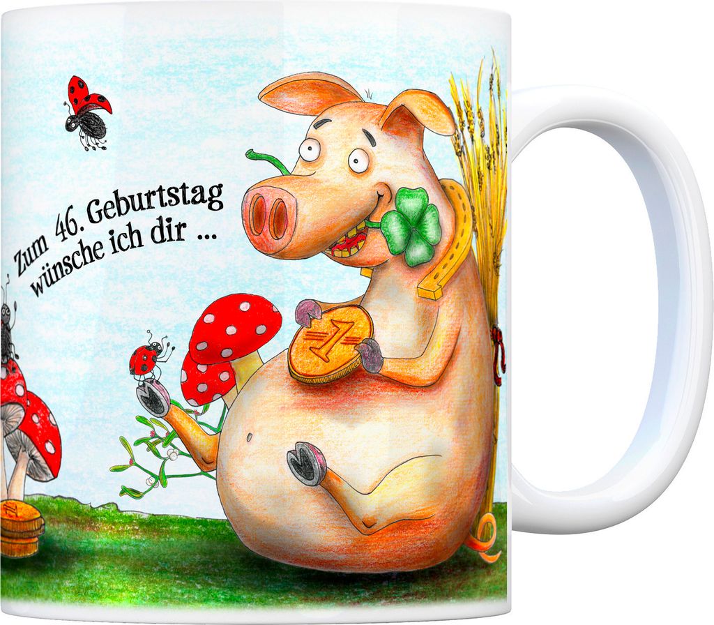 Viel Glück zum 46. Geburtstag Kaffeebecher Tasse Glückwunsch Glücksbringer