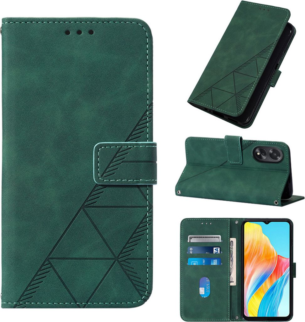 Hülle für Oppo A38 4G Prägung Flip Leder Kartenfächer Schutzhülle mit Ständer Grün
