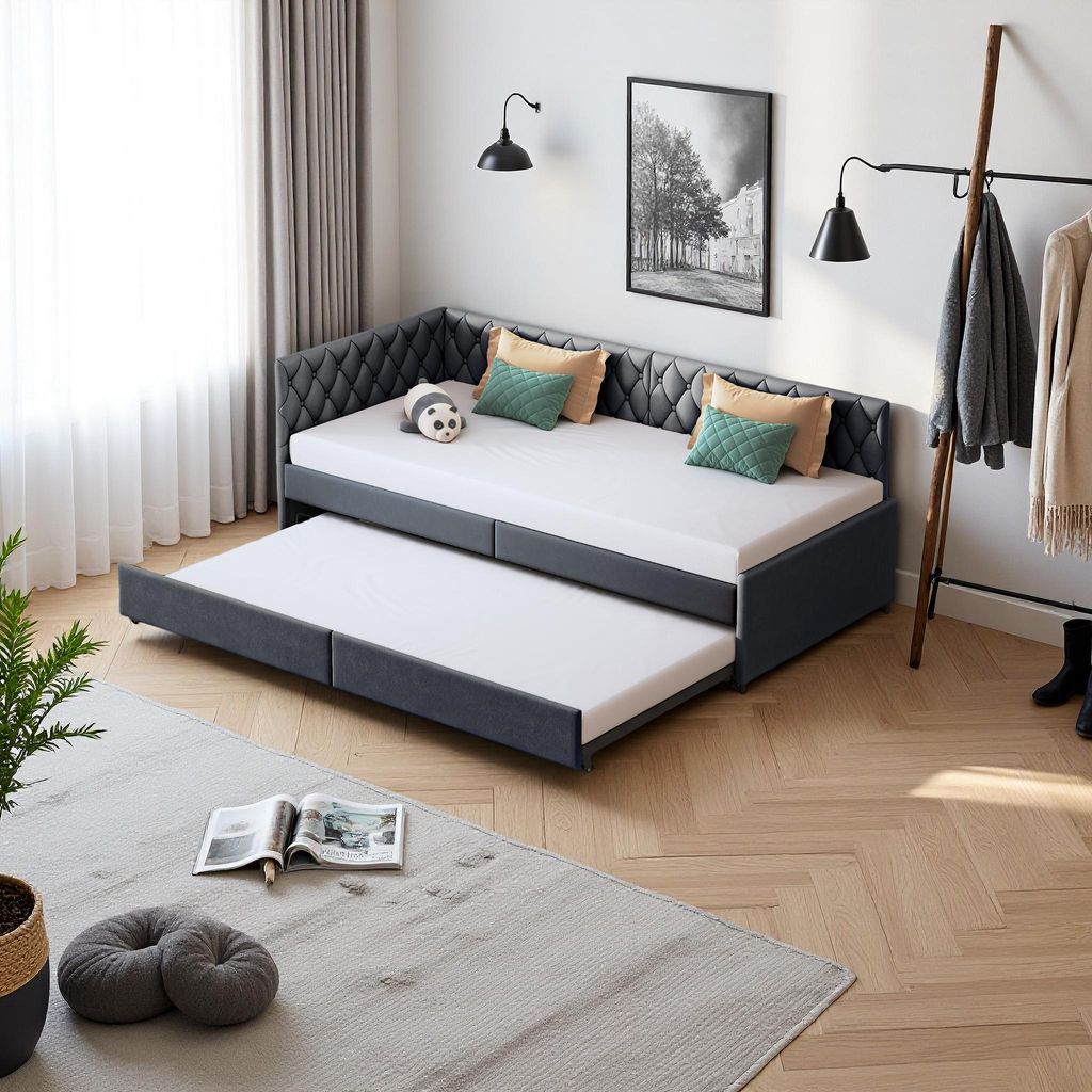 Ausziehbares Schlafsofa 90x200 cm in grauem Samt, umwandelbar in ein Doppelbett, komfortabel und praktisch zur Platzersparnis