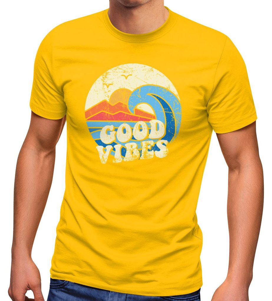 Herren T-Shirt Good Vibes Welle Hippie Slogan Statement Surf Design Vintage Retro Fashion Streetstyle Neverless gelb S