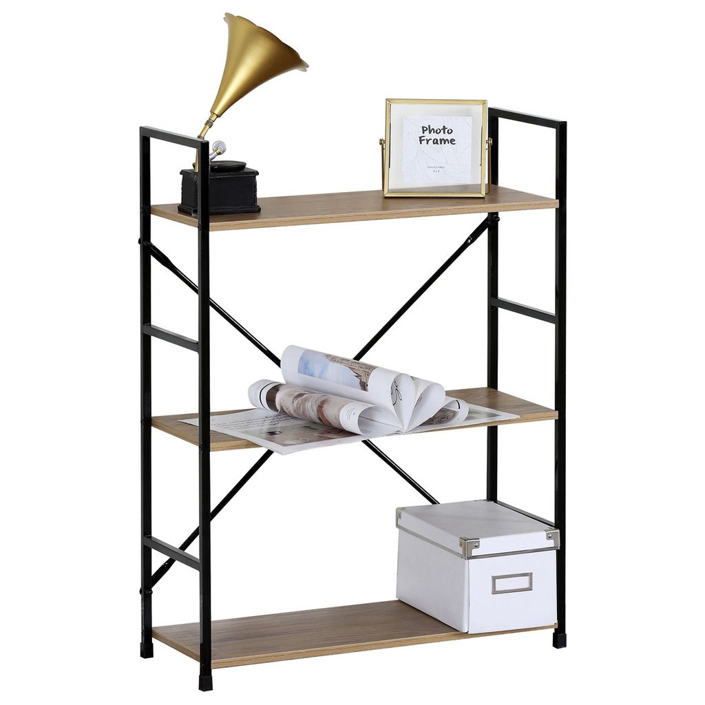 Bücherregal, 3 Regale, Eichendekor, MDF, schwarzer Lack