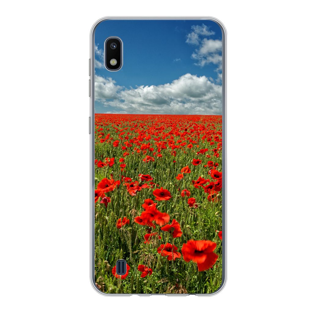 MuchoWow Handyhülle Schutzhülle Hülle für Samsung Galaxy A10 Schneeweiße Wolken über einem Mohnblumenfeld Silikon Softcase Handy Hülle - S...