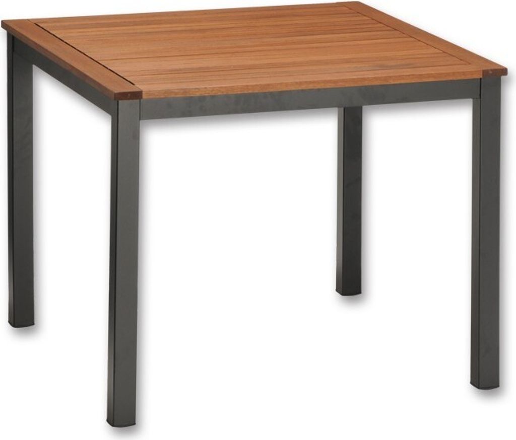 A square outdoor table with a wooden top and metal legs, shown against a white background.