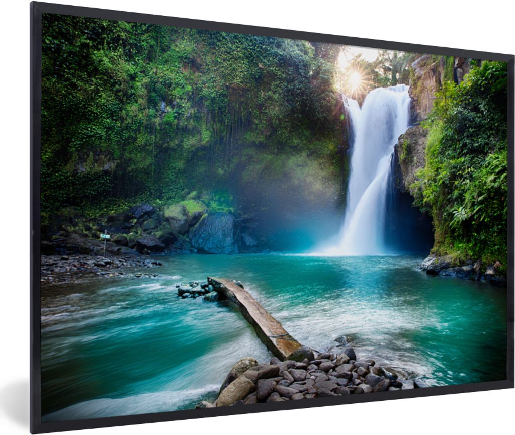 MuchoWow Gerahmtes Poster Wasserfall - Steine - Landschaft - Pflanzen - Wasser 60x40 cm - Poster mit Schwarzem Bilderrahmen Wandposter Rahmen Fot...