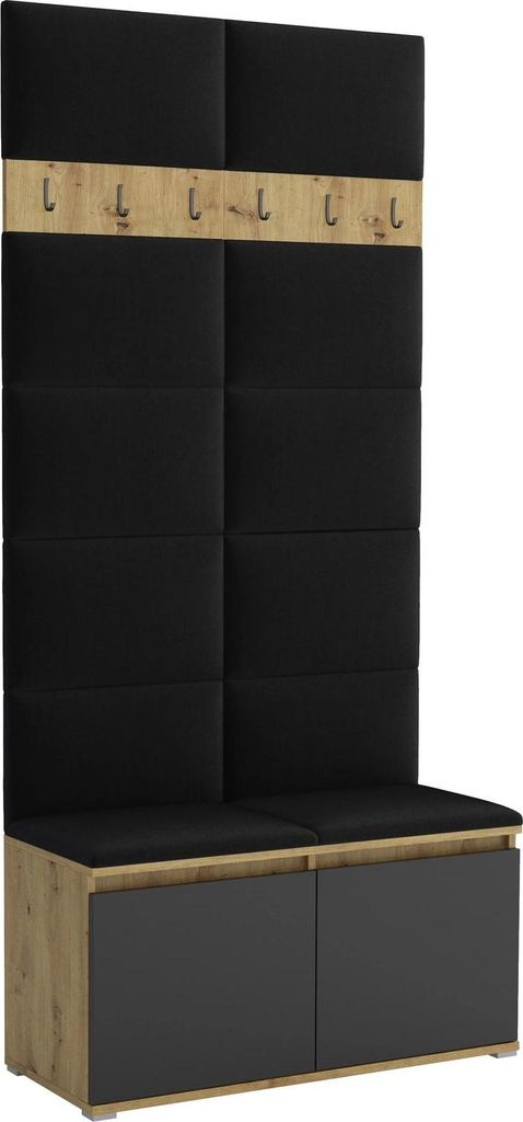Garderoben-Set Noris I, gepolsterte Garderobe 100 cm mit Sitzbank, Wandpaneelen und Haken (Farbe:Artisan Eiche/Schwarz + Trinity 16)