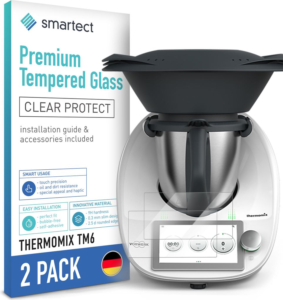 A product shot showing a package of screen protectors for a Thermomix TM6 next to the appliance itself.