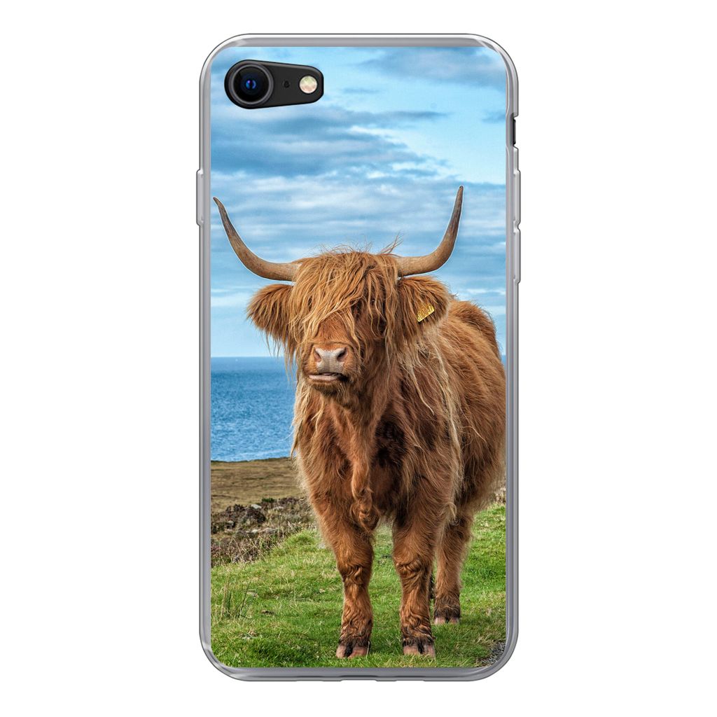 MuchoWow Handyhülle Schutzhülle Hülle für iPhone 7 Schottischer Highlander - Wasser - Hörner Silikon Softcase Handy Hülle - Kartenhalter