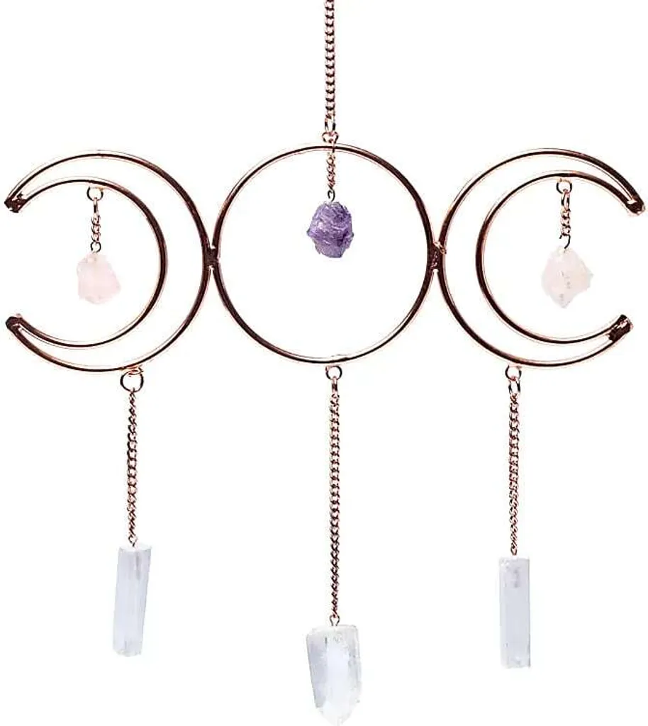Décoration Zen pour Fenêtre : Triple Lune Dorée et Sélénite 34x22 cm
