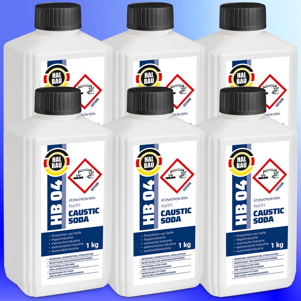 6x1kg HB04 Natriumhydroxid Ätznatron kaustisches Soda NaOH Reiniger D+D-V Flasche sichere Verpackung