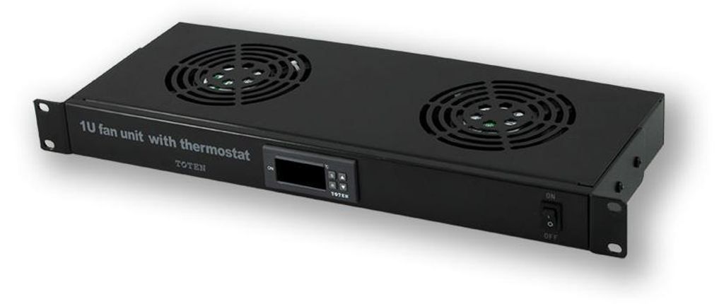 A black 1U rackmount fan unit with a thermostat and two fans is shown from a diagonal angle against a light gray background.